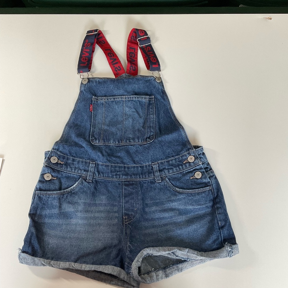Levi's Blue Denim Shortalls/Overalls w/Red & Blue Straps Size 12 1/2 Plus Girl